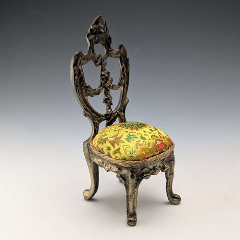 1920s Antique Brass Chair-Shaped Pocket Watch Holder with Yellow Embroidered Seat