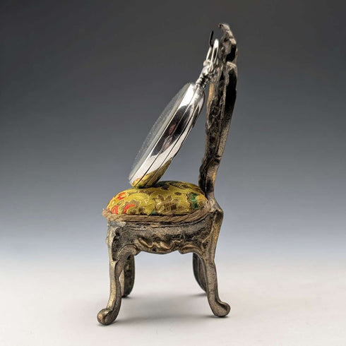 1920s Antique Brass Chair-Shaped Pocket Watch Holder with Yellow Embroidered Seat