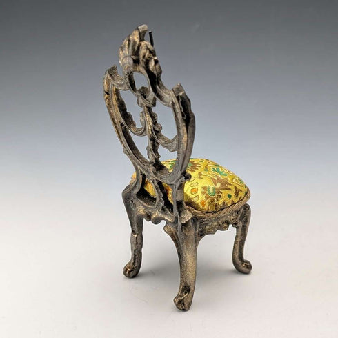 1920s Antique Brass Chair-Shaped Pocket Watch Holder with Yellow Embroidered Seat