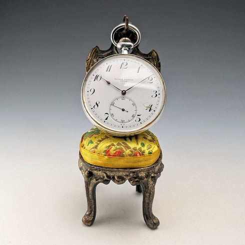 1920s Antique Brass Chair-Shaped Pocket Watch Holder with Yellow Embroidered Seat