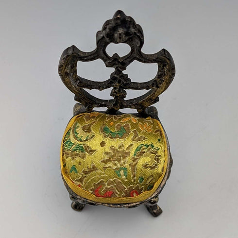 1920s Antique Brass Chair-Shaped Pocket Watch Holder with Yellow Embroidered Seat