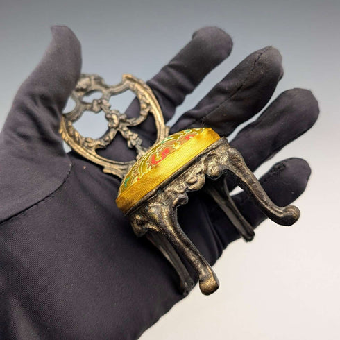 1920s Antique Brass Chair-Shaped Pocket Watch Holder with Yellow Embroidered Seat