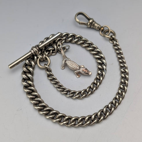 Antique Nickel Silver Albert Chain Crocodile Fob