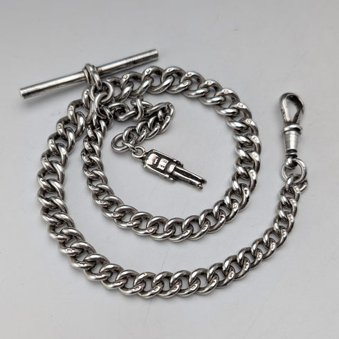 Circa 1900 British Antique Sterling Silver Albert Chain 45g Soldier Fob
