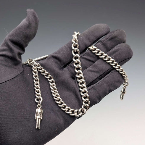 Circa 1900 British Antique Sterling Silver Albert Chain 45g Soldier Fob