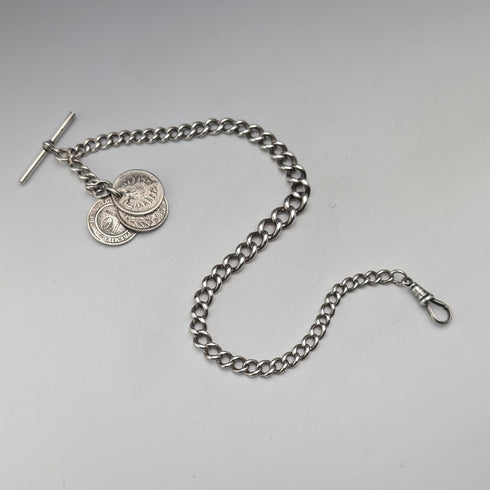 Circa 1900 British antique sterling silver Albert chain 48g silver coin fob