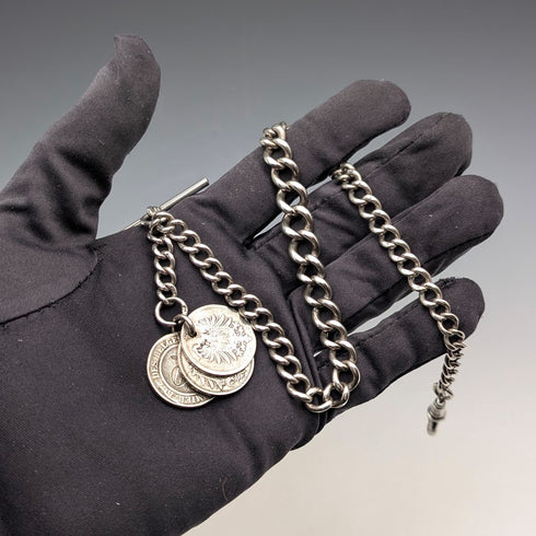 Circa 1900 British antique sterling silver Albert chain 48g silver coin fob