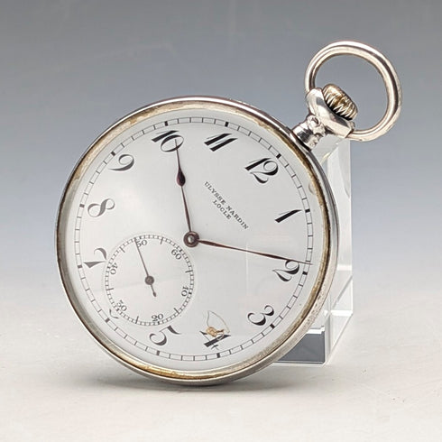 Antique Ulysse Nardin pocket watch with soccer engraving, silver side open face, in good working order