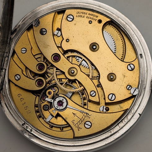 Antique Ulysse Nardin pocket watch with soccer engraving, silver side open face, in good working order