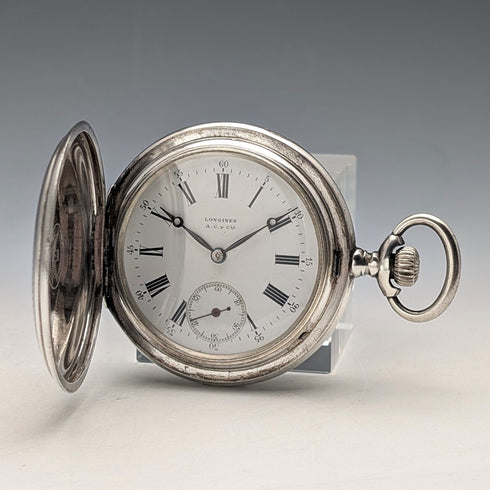 1908年頃 アンティーク ロンジン 懐中時計 スクロール彫刻 銀側ハンターケース 動作良好