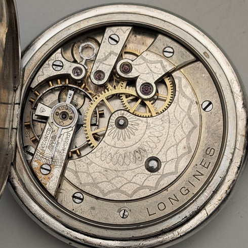 1908年頃 アンティーク ロンジン 懐中時計 スクロール彫刻 銀側ハンターケース 動作良好