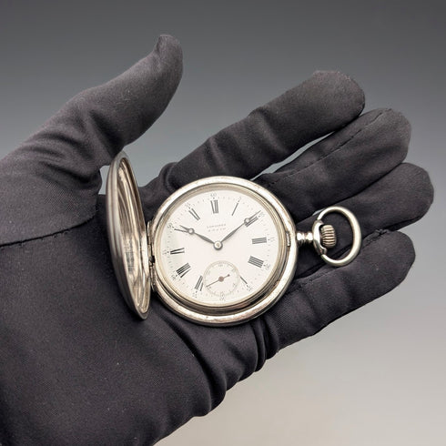 1908年頃 アンティーク ロンジン 懐中時計 スクロール彫刻 銀側ハンターケース 動作良好