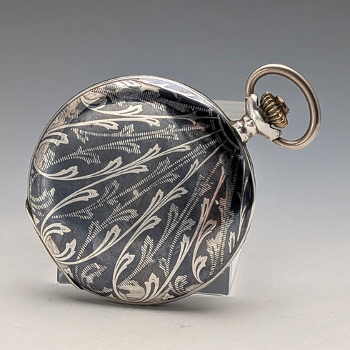 古董瑞士製造無簽名懷錶,銀色側面有黑金裝飾,纖薄獵錶殼,運作良好