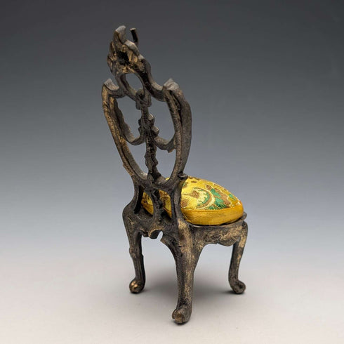 1920s Antique Brass Chair-Shaped Pocket Watch Holder with Yellow Embroidered Seat