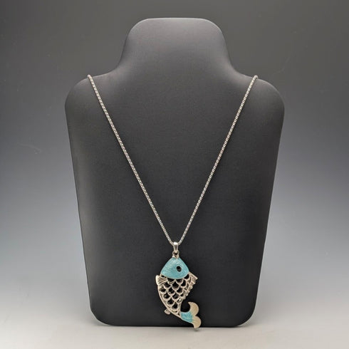 Vintage Sterling Silver Enamel Large Fish Pendant with Sterling Silver Necklace, 44g in total