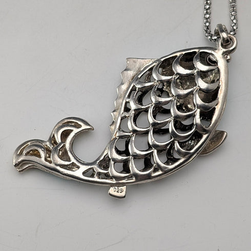 Vintage Sterling Silver Enamel Large Fish Pendant with Sterling Silver Necklace, 44g in total