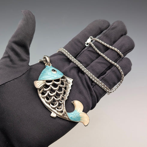 Vintage Sterling Silver Enamel Large Fish Pendant with Sterling Silver Necklace, 44g in total