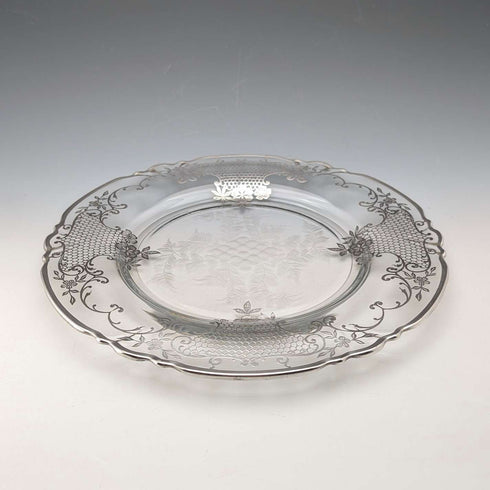 Antique American silver overlay floral decorated glass plate, 27cm diameter