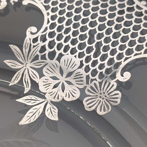Antique American silver overlay floral decorated glass plate, 27cm diameter