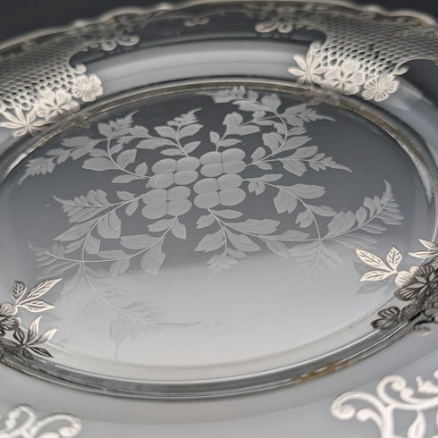 古董美國銀質覆蓋花卉裝飾玻璃盤,直徑 27 厘米