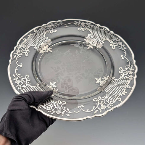 Antique American silver overlay floral decorated glass plate, 27cm diameter