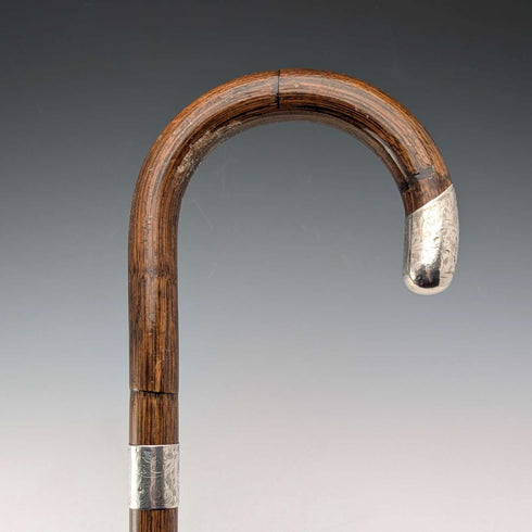 1914年 英国アンティーク ブラウンシャフト 曲がりハンドル 純銀装飾 ステッキ 杖 85cm J Howell&Co