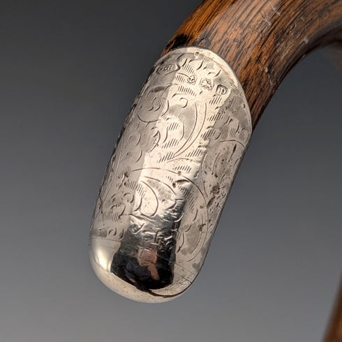 1914 年英國古董棕色桿、彎曲手柄、純銀裝飾手杖,85 厘米,J Howell & Co.