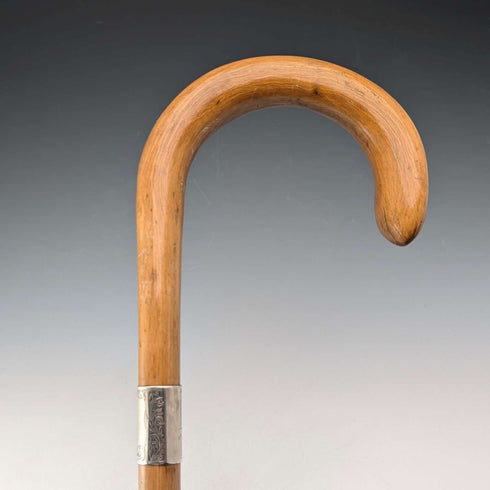 1923年英國古董棕褐色桿,彎曲手柄,純銀裝飾,手杖,91厘米,K&S