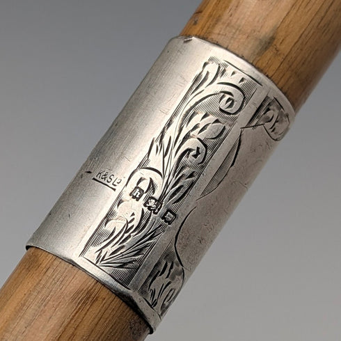 1923年 英国アンティーク タンシャフト 曲がりハンドル 純銀装飾 ステッキ 杖 91cm K&S