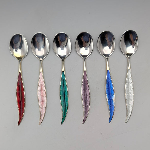 Nordic vintage enamel decoration sterling silver coffee spoon set of 6, total 45g Otter Hval