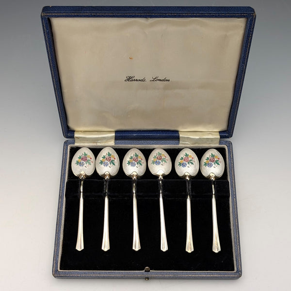 1954 British vintage enamel decorated sterling silver coffee spoon set of 6, total weight 72g, Turner & Simpson, case included