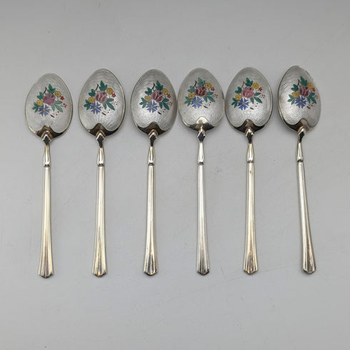 1954年 英国ヴィンテージ エナメル装飾 純銀製 コーヒースプーン6本セット 計72g Turner&Simpson ケース入