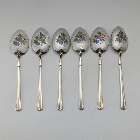 1954年 英国ヴィンテージ エナメル装飾 純銀製 コーヒースプーン6本セット 計72g Turner&Simpson ケース入