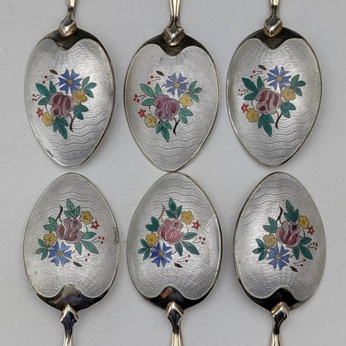 1954年 英国ヴィンテージ エナメル装飾 純銀製 コーヒースプーン6本セット 計72g Turner&Simpson ケース入