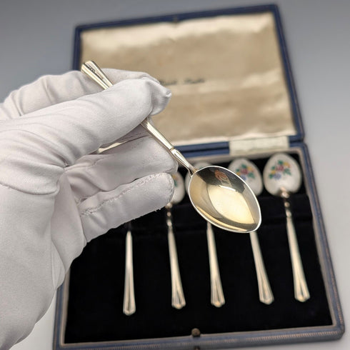 1954年 英国ヴィンテージ エナメル装飾 純銀製 コーヒースプーン6本セット 計72g Turner&Simpson ケース入