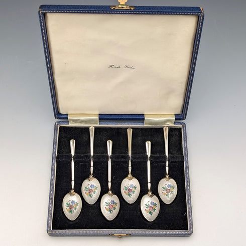 1954年 英国ヴィンテージ エナメル装飾 純銀製 コーヒースプーン6本セット 計71g Turner&Simpson ケース入