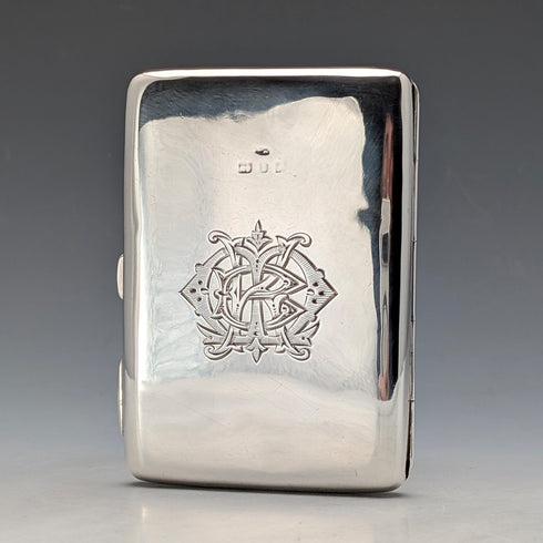 1897 British antique sterling silver double door card case, mirror finish, coat of arms engraved, 107g