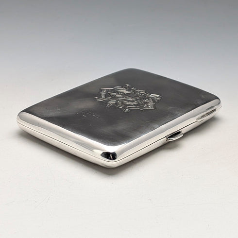 1897 British antique sterling silver double door card case, mirror finish, coat of arms engraved, 107g