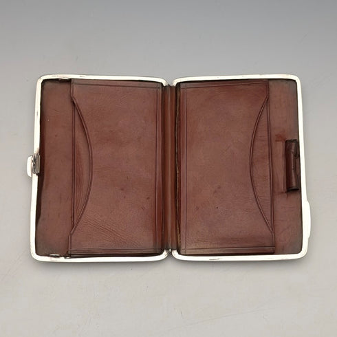 1897 British antique sterling silver double door card case, mirror finish, coat of arms engraved, 107g