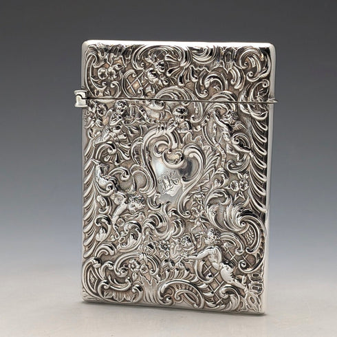 1897 British antique relief angel sculpture sterling silver card case 79g William Comyns