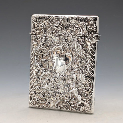 1897 British antique relief angel sculpture sterling silver card case 79g William Comyns