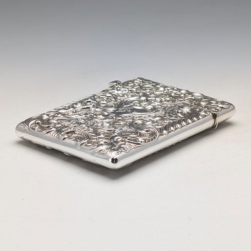 1897 British antique relief angel sculpture sterling silver card case 79g William Comyns