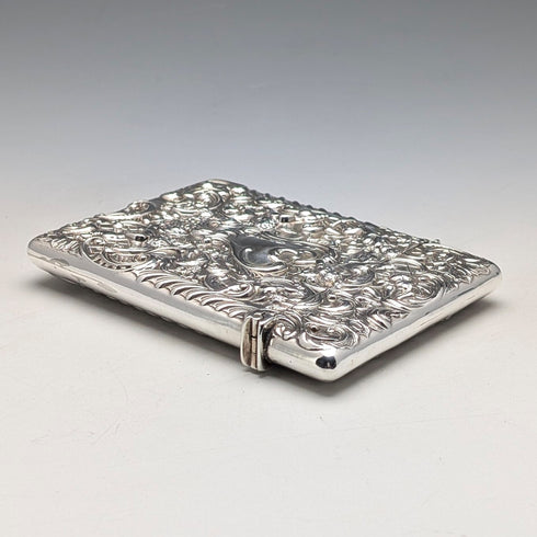 1897 British antique relief angel sculpture sterling silver card case 79g William Comyns