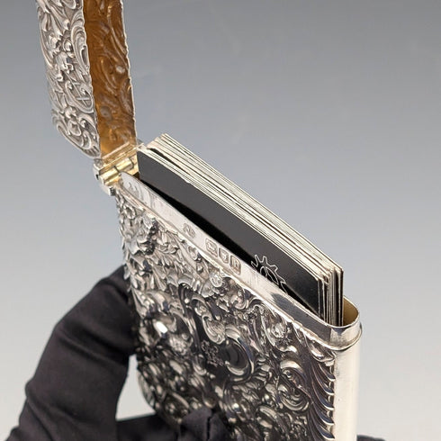 1897 British antique relief angel sculpture sterling silver card case 79g William Comyns