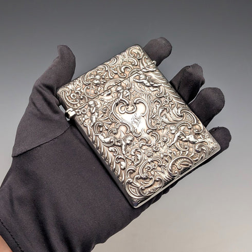1897 British antique relief angel sculpture sterling silver card case 79g William Comyns