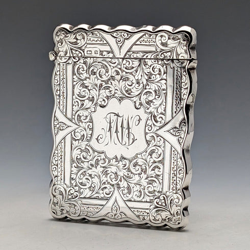 1901 British antique scroll engraved sterling silver card case 68g WILLIAM M. HAYES