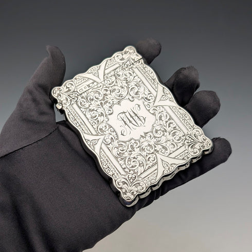 1901 British antique scroll engraved sterling silver card case 68g WILLIAM M. HAYES