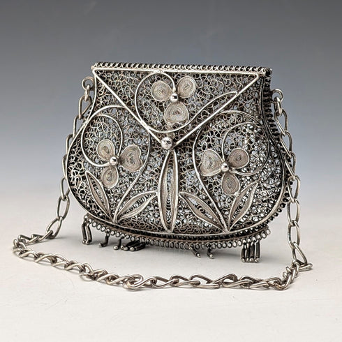 Vintage silver filigree purse with chain, coin purse, 40g