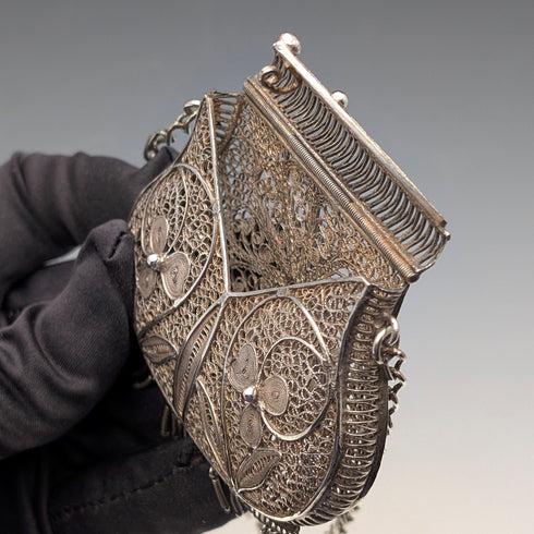 Vintage silver filigree purse with chain, coin purse, 40g