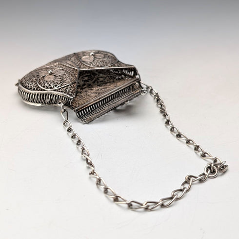 Vintage silver filigree purse with chain, coin purse, 40g